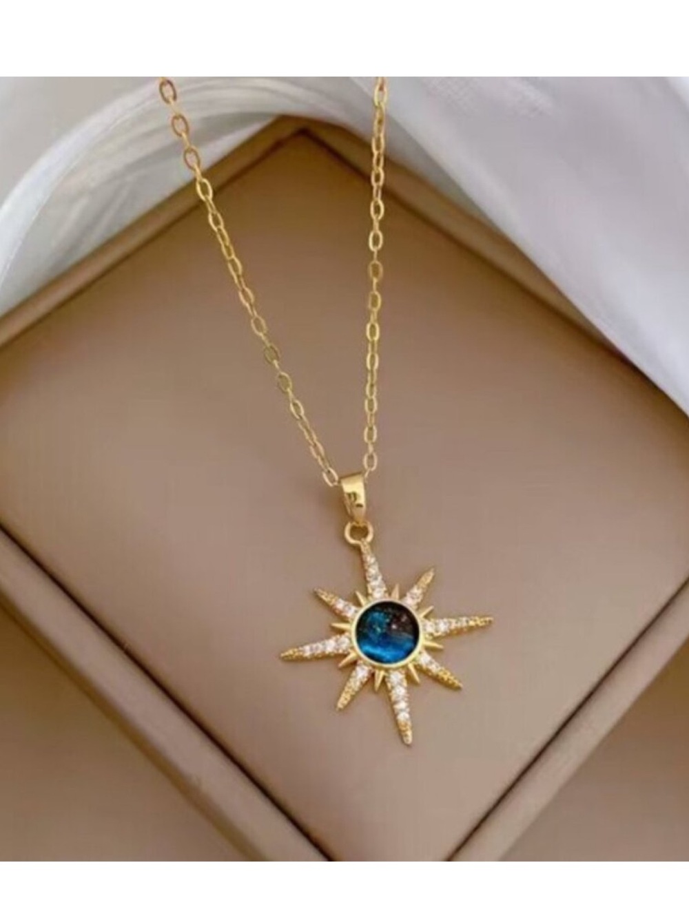 14K Gold filled simulated Sapphire Moon Burst Necklace new